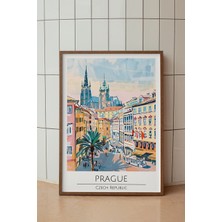 Prague Şehir Manzarası Poster - Retro Temalı Minimalist Duvar Dekoru - Çerçevesiz Sanat Baskı