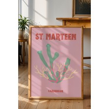 St. Marteen Yosun Illüstrasyonu Poster - Seyahat Temalı Minimalist Duvar Dekoru - Çerçevesiz Baskı