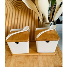 2'li Bambu Standlı Bambu Kapaklı Porselen Kaşıklı Tuzluk Biberlik 260 Ml(Gnl)