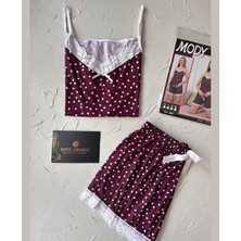 Intive Dantel Detaylı Yumuşacık Mürdüm Puantiye Desenli Askılı Bluz Şort Pijama Takımı