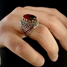 925 Ayar Gümüş Kırmızı Mineli Oval Turmalin Taşlı Erkek Yüzük
