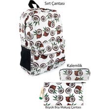 3'lü Set Hindistan Cevizi Desenli Sırt Çantası Kalemlik Makyaj Çantası Büyük Boy Makyaj Çantası