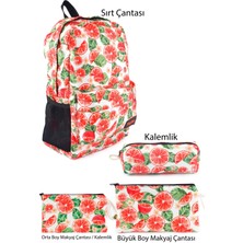 Ketnez 4'lü Set Meyve Portakal Desenli Sırt Çantası Kalemlik Makyaj Çantası Büyük Boy Makyaj Çantası