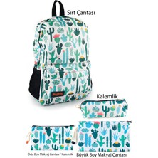 Ketnez 4'lü Set Kaktüs Desenli Sırt Çantası Kalemlik Makyaj Çantası Büyük Boy Makyaj Çantası