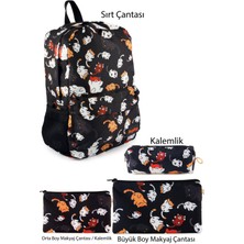 Ketnez 4'lü Set Kedi Desenli Sırt Çantası Kalemlik Makyaj Çantası Büyük Boy Makyaj Çantası