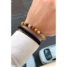 Premium Kalite Şık Tasarım Mıknatıs Klipsli Erkek Deri Bileklik & Doğal Taş Bileklik Seti