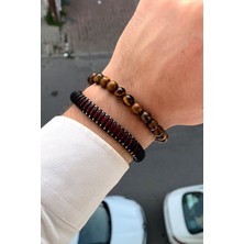 Premium Kalite Şık Tasarım Mıknatıs Klipsli Erkek Deri Bileklik & Doğal Taş Bileklik Seti