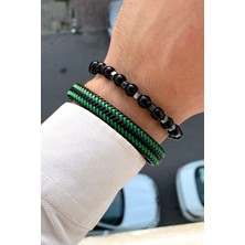 Premium Kalite Şık Tasarım Mıknatıs Klipsli Erkek Deri Bileklik & Doğal Taş Bileklik Seti