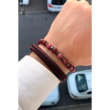 Premium Kalite Şık Tasarım Mıknatıs Klipsli Erkek Deri Bileklik & Doğal Taş Bileklik Seti