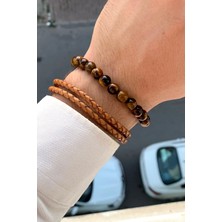 Premium Kalite Şık Tasarım Mıknatıs Klipsli Erkek Deri Bileklik & Doğal Taş Bileklik Seti