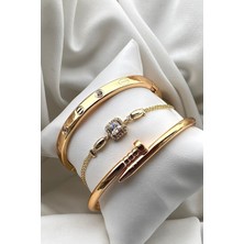Takıport Bayrama Özel Gold Taşlı Kelepçe, Çivi & Taşlı Ayarlanabilir Bileklik Seti Şık Kadın Aksesuar