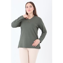 Kadın Orta Yaş ve Üzeri V Yaka Likralı Haki Anne Penye Bluz