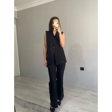 Kruvaze Yaka Vatkalı Yelek Arka Bel Lastikli Salaş Pantolon Keten Takım