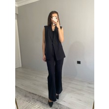 Kruvaze Yaka Vatkalı Yelek Arka Bel Lastikli Salaş Pantolon Keten Takım