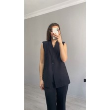 Kruvaze Yaka Vatkalı Yelek Arka Bel Lastikli Salaş Pantolon Keten Takım