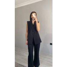 Kruvaze Yaka Vatkalı Yelek Arka Bel Lastikli Salaş Pantolon Keten Takım