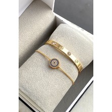 Mavi Taşlı Asansörlü Bileklik ve Gold Renk Kelepçe Konbini