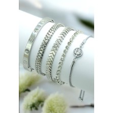 5 Parçalı Asansörlü Baget Detay Gümüş Renk Kadın Bileklik Seti