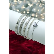 5 Parçalı Asansörlü Nazarlı Kelebek Detay Gümüş Renk Kadın Bileklik Seti