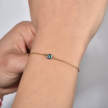 14 Ayar Altın Kaplama Minima Açık Mavi  Göz Boncuğu Gümüş Bileklik - CBS00121