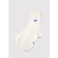 Mavi Kelebek İşlemeli Ekru Soket Çorap 1913242-70048
