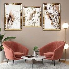 Gold Aynalı Pleksi Çerçeveli Beyaz Çiçek Üçlü Mdf Tablo Seti Saat Seti