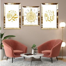Gold Aynalı Pleksi Çerçeveli Hz Muhammed ve Allah Lafzı Üçlü Mdf Tablo Seti ve Saat Seti