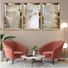 Gold Aynalı Pleksi Çerçeveli Kolaj Çizim Üçlü Mdf Tablo Seti