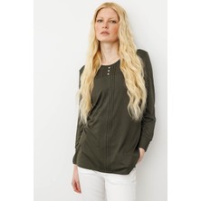 Desen Triko Kadın Sıfır Yaka Uzun Kollu Penye Bluz Haki