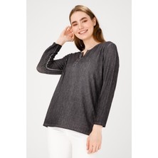 Desen Triko Kadın Açma Yaka Uzun Kol Jakar Kumaş Bluz Siyah