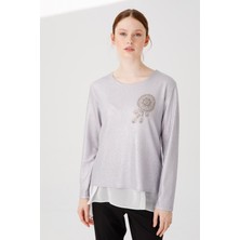 Desen Triko Kadın Sıfır Yaka Uzun Kol Şifonlu Parlak Kumaş Bluz Gümüş