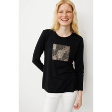 Desen Triko Kadın Sıfır Yaka Önü Taş Baskılı Penye Bluz Siyah