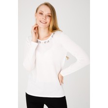 Desen Triko Kadın Sıfır Yaka Uzun Kol Yakası Taşlı Triko Bluz Kemik