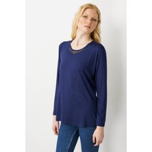 Desen Triko Kadın Sıfır Yaka Boncuk Işlemeli Penye Bluz Lacivert