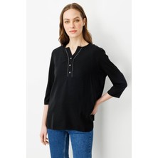 Desen Triko Kadın Açma Yaka Önü Düğmeli Bluz Siyah