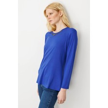 Desen Triko Kadın Sıfır Yaka Boncuk Işlemeli Penye Bluz Saks