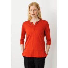 Desen Triko Kadın Açma Yaka Nakış Işlemeli Penye Bluz Oranj