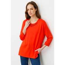 Desen Triko Kadın Sıfır Yaka Nakışlı Penye Bluz Mercan