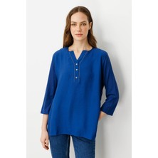 Desen Triko Kadın Açma Yaka Önü Düğmeli Bluz Indigo