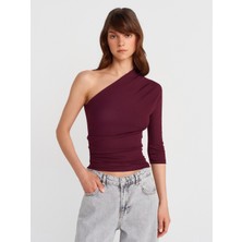 31842 Pile Detaylı Asimetrik Top-Bordo