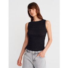 10751 Kayık Yaka Büzgülü Ince Triko Bluz-Siyah