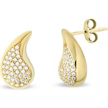 Taşlı Su Damlası Altın Küpe