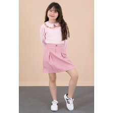 Cansın Mini Pembe Yakası Çiçek Nakışlı Müslin Gömlekli Etekli Kız Çocuk 2li Takım 20673