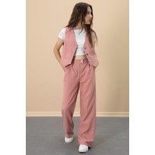 Cansın Mini Pembe V Yaka Düğmeli Yelekli Geniş Paça Pantolonlu Kız Çocuk 2li Takım 20724