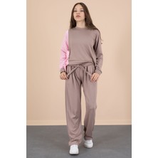 Cansın Mini Kahve Çizgi Desenli Taş Detaylı Bluzlu Kız Çocuk Kuşaklı Pantolonlu 2li Takım 20660