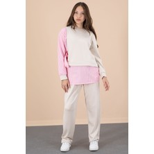 Pembe Çizgi Desenli Taş Detaylı Bluzlu Kız Çocuk Kuşaklı Pantolonlu 2li Takım 20659