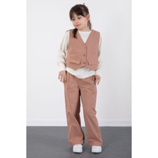 Cansın Mini Kahve Çizgi Desenli Yelekli Geniş Paça Pantolonlu Kız Çocuk Badili 3lü Takım 20492