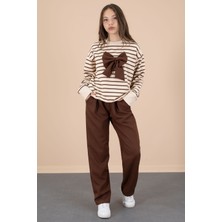Cansın Mini Kahve Çizgili Sweatshirt Kuşaklı Pantolonlu Kız Çocuk Takım 20654