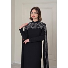 Siyah Pelerinli Taşlı Tasarım Abiye 9031