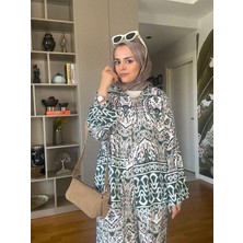 Aselim Hijap Moda Pamuk Viskon Etnik Desenli Kimona Gömlek Takım Yeşil